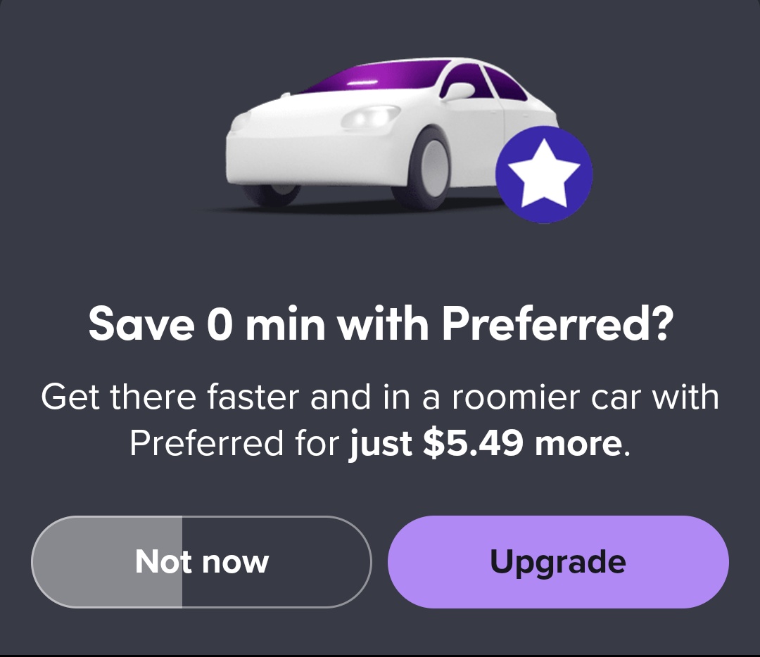 Enticing offer, @lyft. Thank you for recognizing the infinite value of my time! PS: I am going to speculate that the bug here is checking time saved > 0 before rounding to minutes.