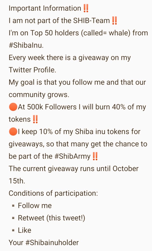 Shibainuholder's tweet photo. @Shibtoken @ShytoshiKusama @shibainuart
I am not part of the SHIB-Team‼️
I'm one of Top 50 holders (whale🐋) from #ShibaInu.
Read!
Conditions of participation:
▪️Follow me
▪️Retweet (this tweet!) 
▪️Like
Your @Shibainuholder https://t.co/RdWkRpyzzB