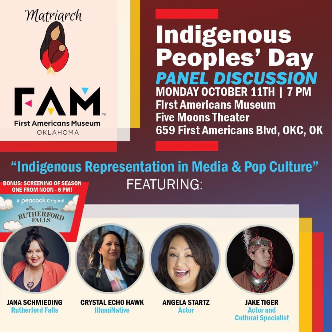 Indigenous Ppls’ Day! We will be screening Rutherford Falls from 12-6. At 7pm Rutherford Falls actor &amp; writer, Jana Schmieding, Crystal Echo Hawk of IllumiNative, actor Angela Startz &amp; actor Jake Tiger will talk about “Indigenous Representation in Media and Pop Culture.” #IPDOKC