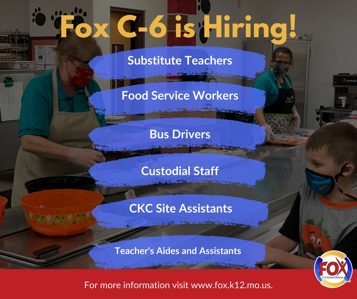 Fox C-6 is currently hiring for several positions.

Learn more and apply to join our team at bit.ly/2X5jKUC

#FoxC6Strong