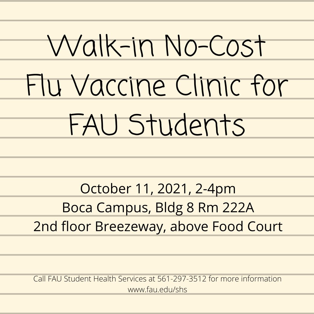 Stop by Bldg 8 Rm 222A (on the Breezeway above the Food Court) on Monday, October 11, from 2-4pm to get your no-cost flu vaccine! No appt needed. Bring your Owl Card and health insurance card.  No insurance? No problem! You can still get a flu vaccine!