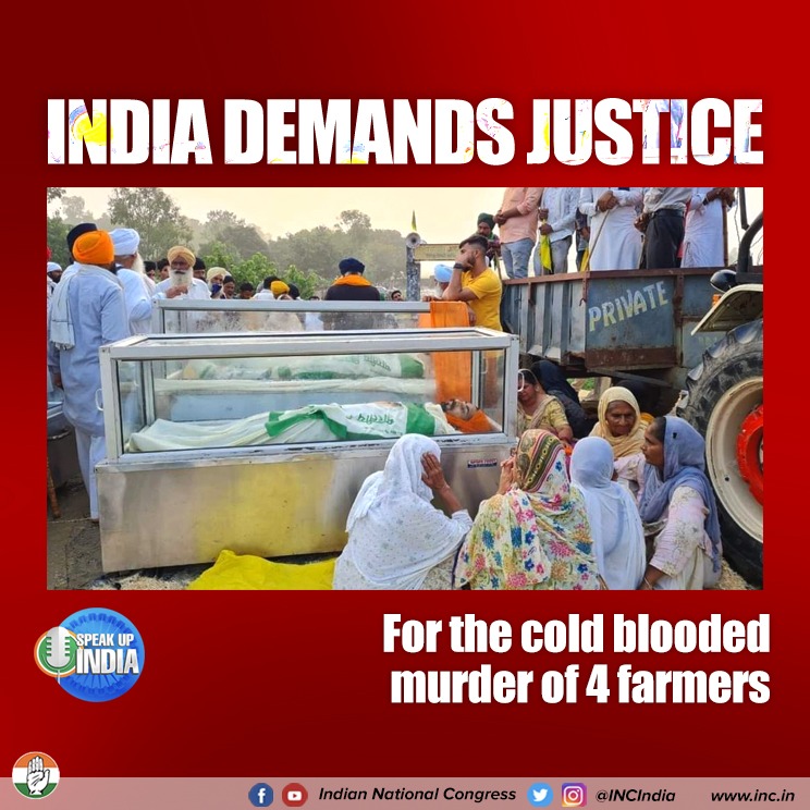 INCIndia's tweet photo. 4 innocent lives lost, and those responsible continue to abscond.

#SpeakUpForKisanNyay https://t.co/nrW2psnQzs