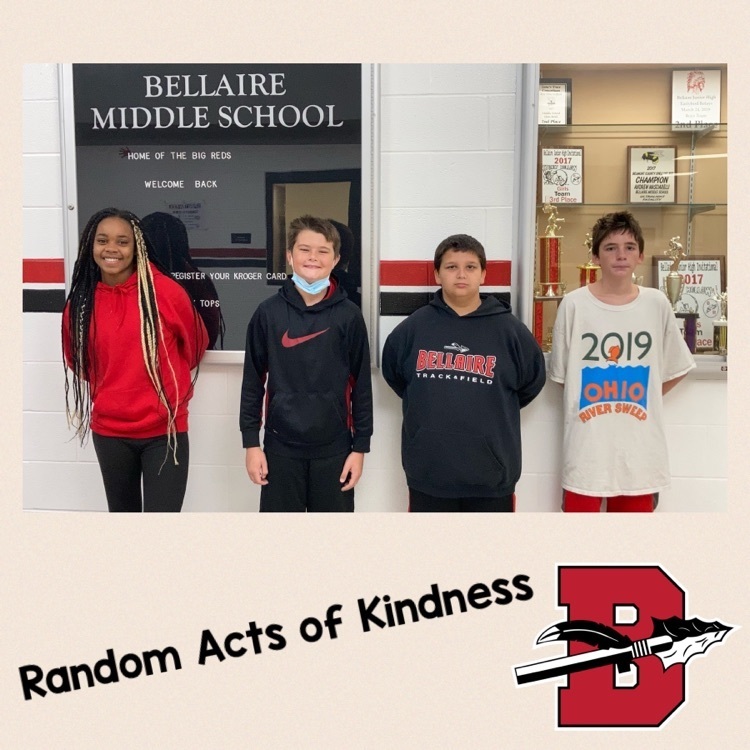 BellaireMiddle's tweet photo. The following students’ names were drawn for a free Gulla’s meal for practicing randoms acts of kindness:
5th Grade - Jaxon Balsei
6th Grade - Nick Knowlton
7th Grade - Kaden Greathouse
8th Grade- Makayla Pettigrew
Way to go, Big Reds! ❤️🖤❤️ https://t.co/ubMHtbBvSd