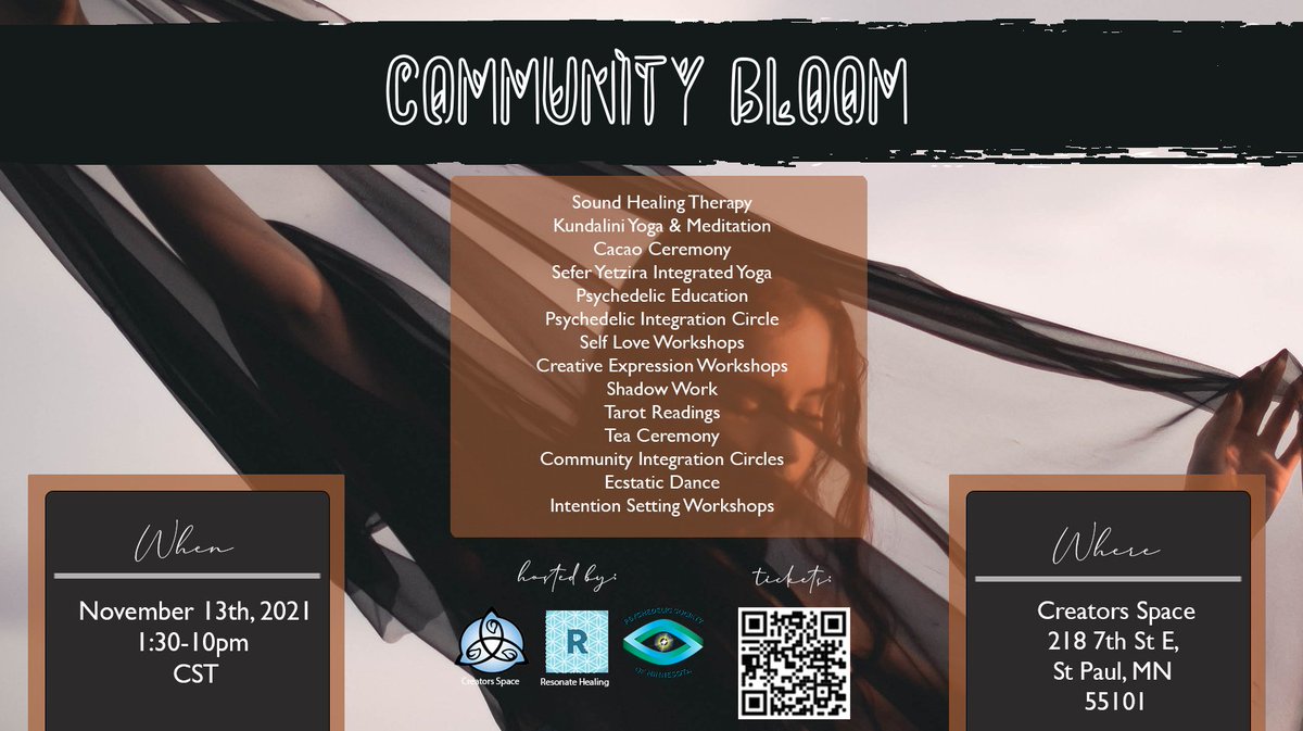 The next Community Bloom is Nov 13th. Choose from over 20 healing workshops in 7 different studios. 1 ticket gets you 3 healing sessions, cacao ceremony, a meal session, closing integration circle and Spiral Dance Party! Full details and tickets here creatorsspace.com/community-bloom