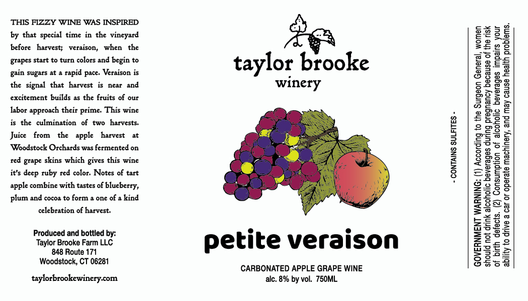 New Release: Petite Veraison, a sparkling apple cider fermented on Petite Sirah skins with notes of blueberry, plum and tart apple. Now available in the tasting room and tap room - mailchi.mp/taylorbrookewi…