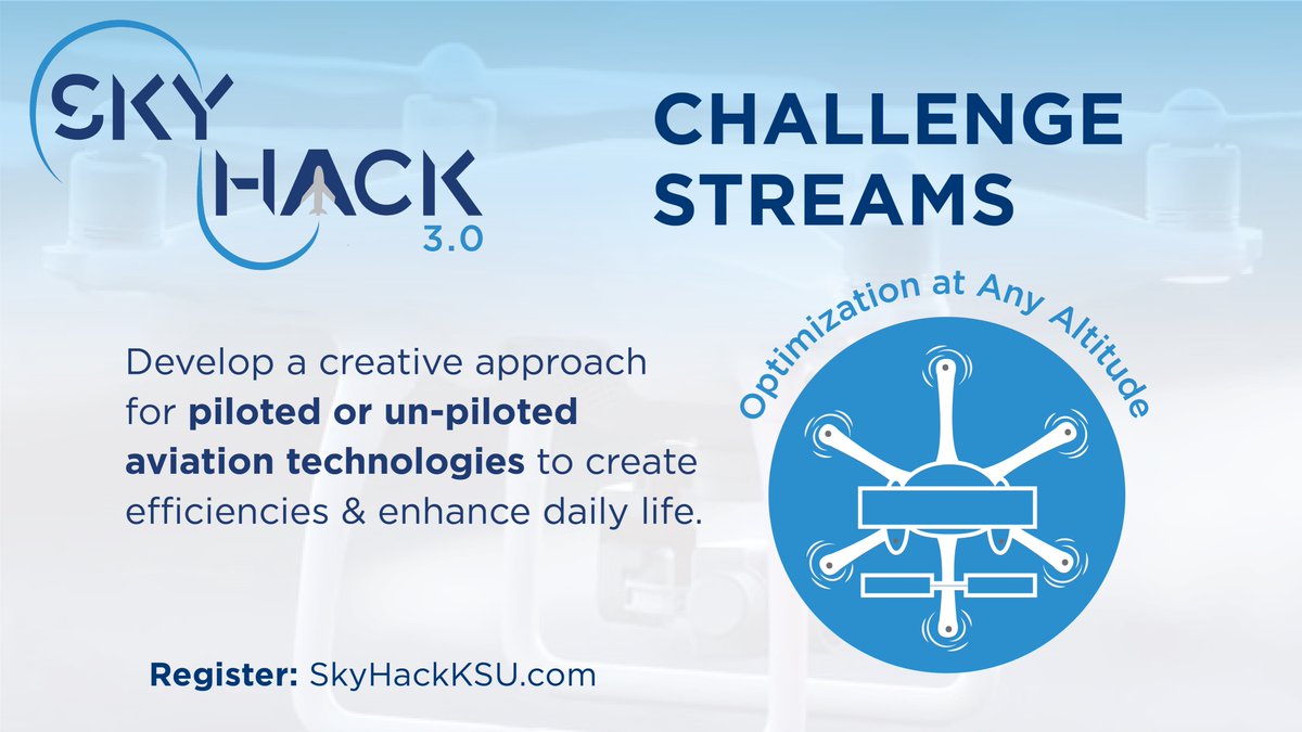 SkyHack_KSU's tweet photo. Optimization at Any Altitude:

Develop a creative approach to bring piloted or un-piloted aviation technologies to solve challenges or create efficiencies in other sectors. How can new technologies and software be used to enhance daily life? https://t.co/jd4czzJ2VG