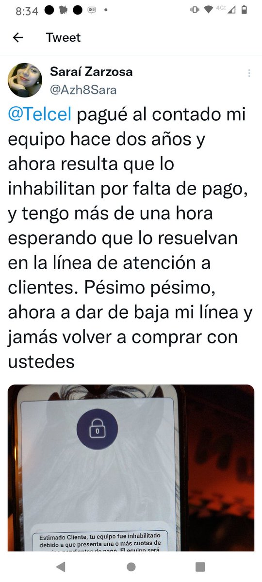 Azh8Sara's tweet photo. @Telcel @ServicioTelcel  Me estafaron al comprar un equipo al contado y después inhabilitado por "falta de pago" y aún así ya pasé más de 5 horas en el centro de atención sin que resuelvan nada, vamos a @Profeco https://t.co/7ZyDA3lqm9