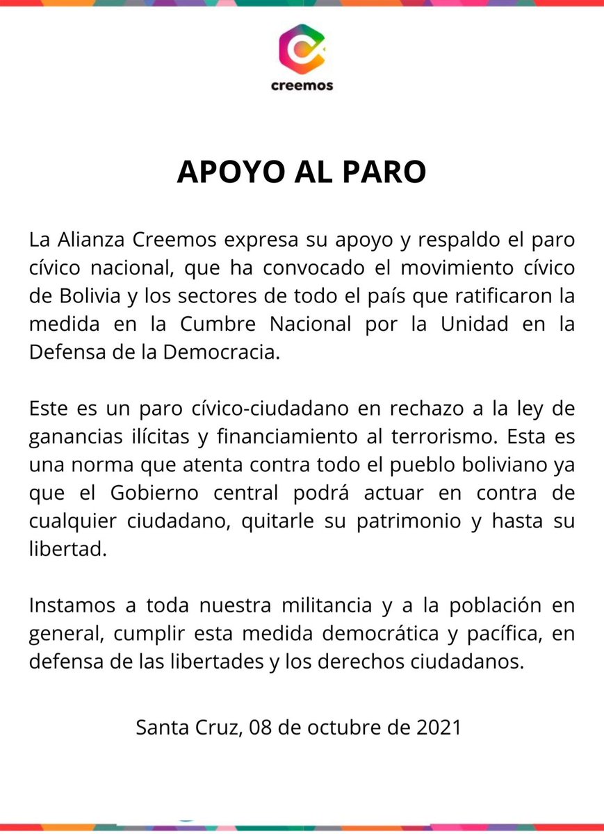 CreemosBolivia's tweet photo. #ParoCivicoNacional https://t.co/SWLRXe14sy