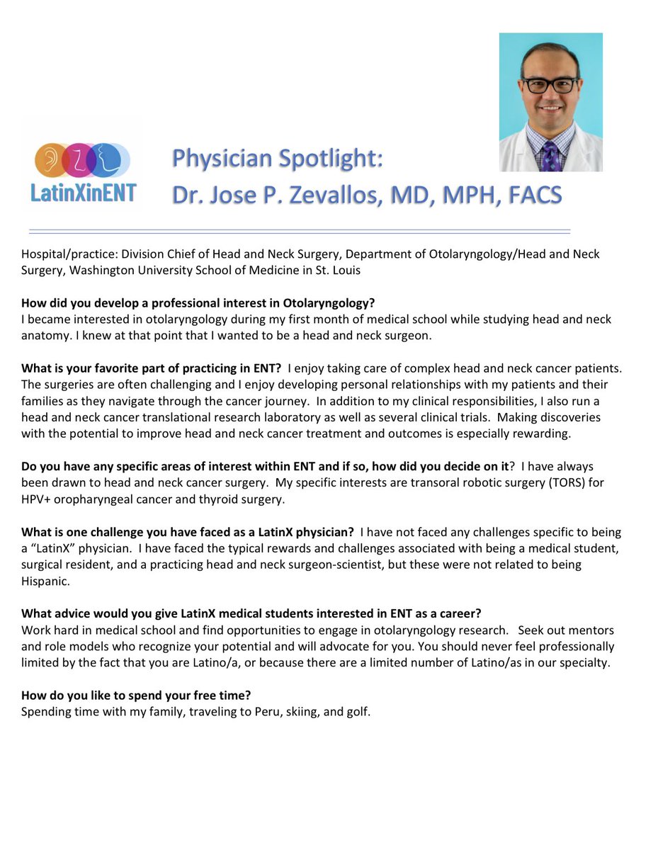 🌟🌟🌟Physician Spotlight 🌟🌟🌟

Happy Friday! We have another #LatinxinENT to highlight! <a href="/jpzevallos/">José P. Zevallos, MD, MPH, FACS</a> is a the Division Chief of Head and Neck Surgery at Washington University School of Medicine in St. Louis. Check out below to learn more about Dr.Jose P. Zevallos!