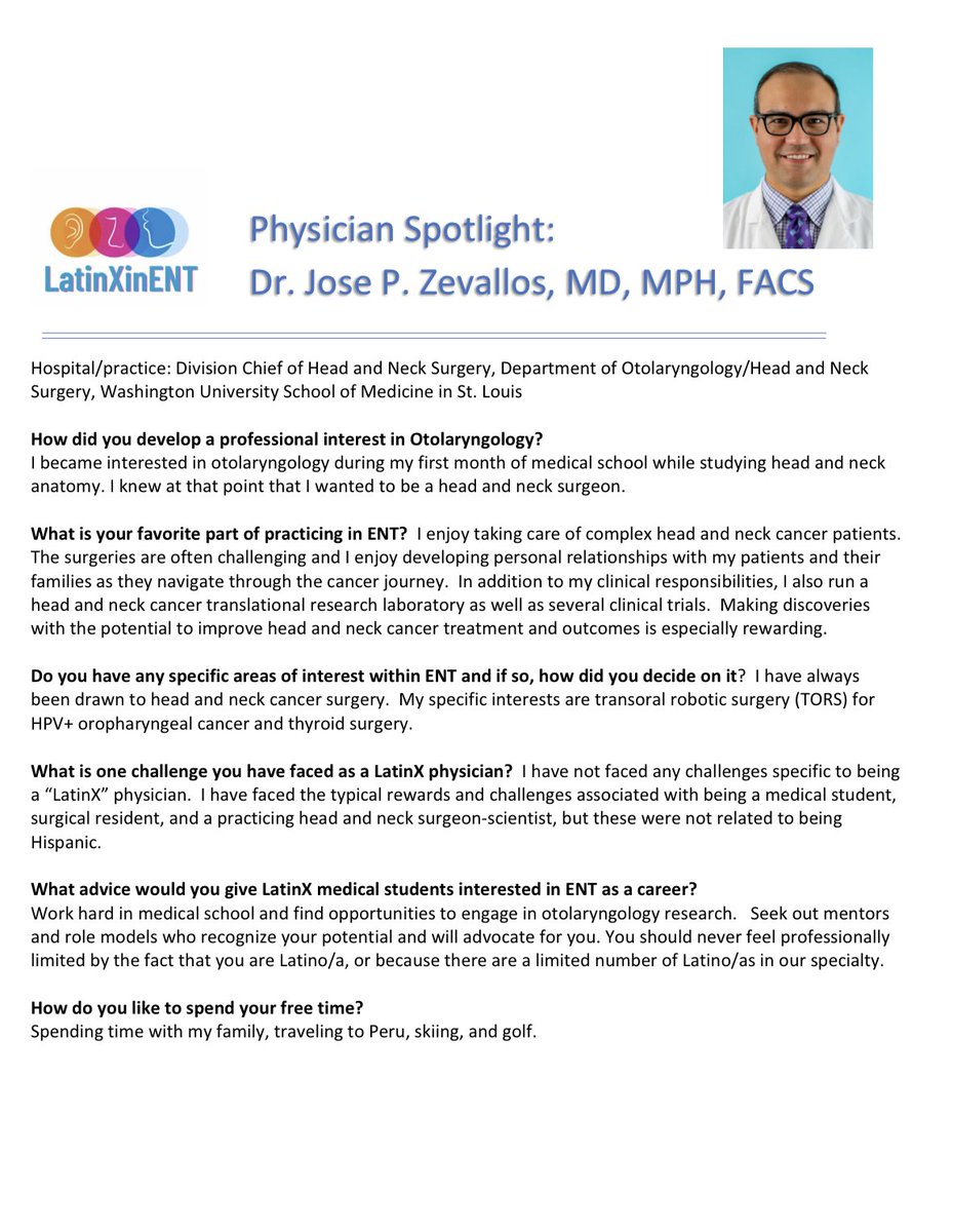 🌟🌟🌟Physician Spotlight 🌟🌟🌟 Happy Friday! We have another #LatinxinENT to highlight! @jpzevallos is a the Division Chief of Head and Neck Surgery at Washington University School of Medicine in St. Louis. Check out below to learn more about Dr.Jose P. Zevallos!