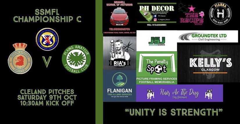 ‼️ SHORT NOTICE ‼️
📍CHANGE OF LOCATION ‼️

SSMFL Championship C

Wishaw Rangers v Plains 

Cleland Pitches

Cleland 

Saturday 9th Oct 

10:30am Kick off

🟢⚪️⚫️ Up The Plains 🟢⚪️⚫️