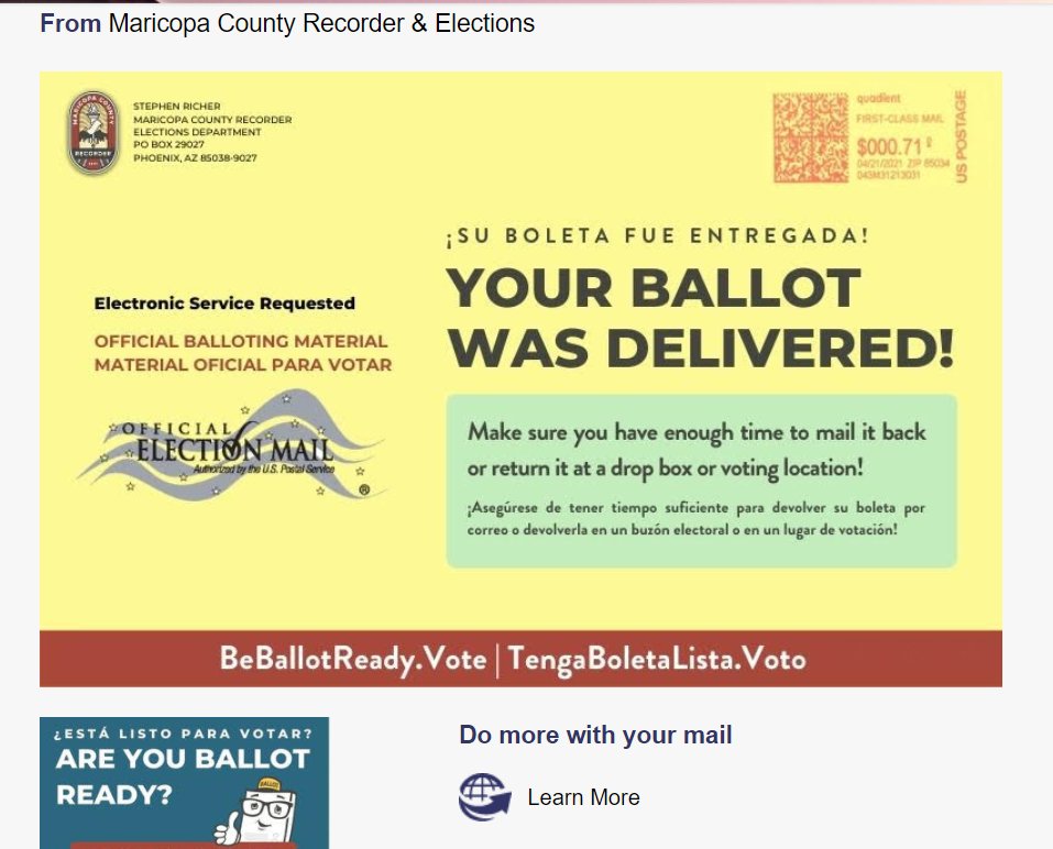 eshepickett's tweet photo. My ballot is here! I absolutely love @USPS informed delivery and #votebymail from @RecordersOffice -- happy voting! https://t.co/TXZPCwm5UX #chandleraz #arizona #votelocal #beballotready https://t.co/EjynK85DSx