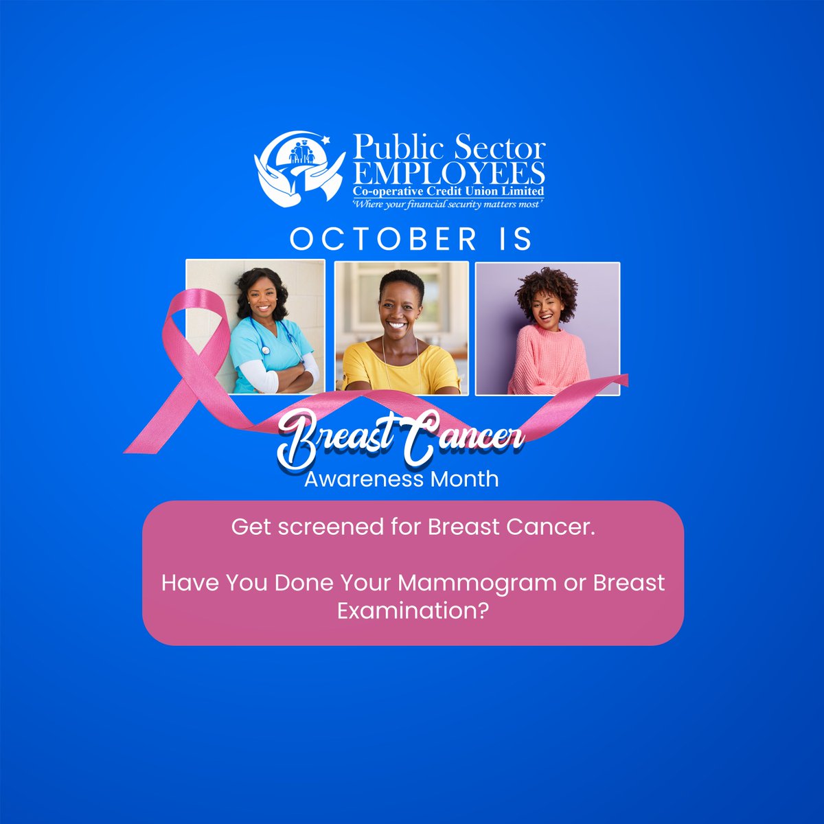 Get screened for Breast Cancer TODAY.

Have you done your mammogram or breast examination recently?
#pseccuja #getscreened #breastcancerawreness