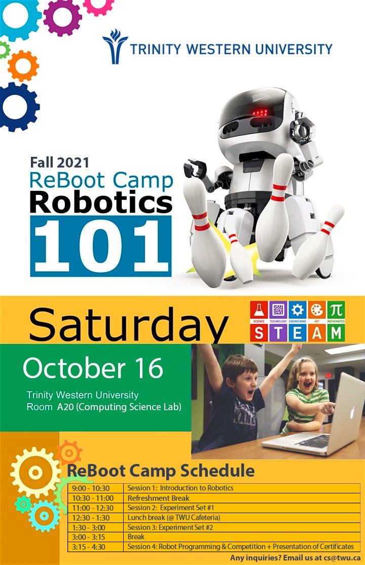 twucompsci's tweet photo. ReBoot Camp: Robotics 101, October 16, come and learn about how to make a robot dance! @TrinityWestern @twuscience @ProfTsang #rebootcamptwu https://t.co/cvPMSi2fzP