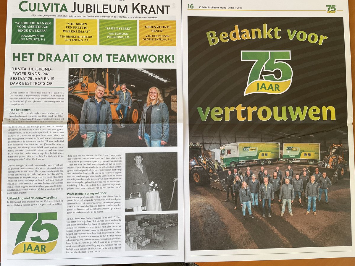 In oktober staan we erbij stil dat wij 75 jaar bestaan. Deze maand is de jubileumkrant uitgekomen waarin diverse verhalen staan van klanten, personeel en leveranciers. Hou u brievenbus de komende dagen in de gaten.