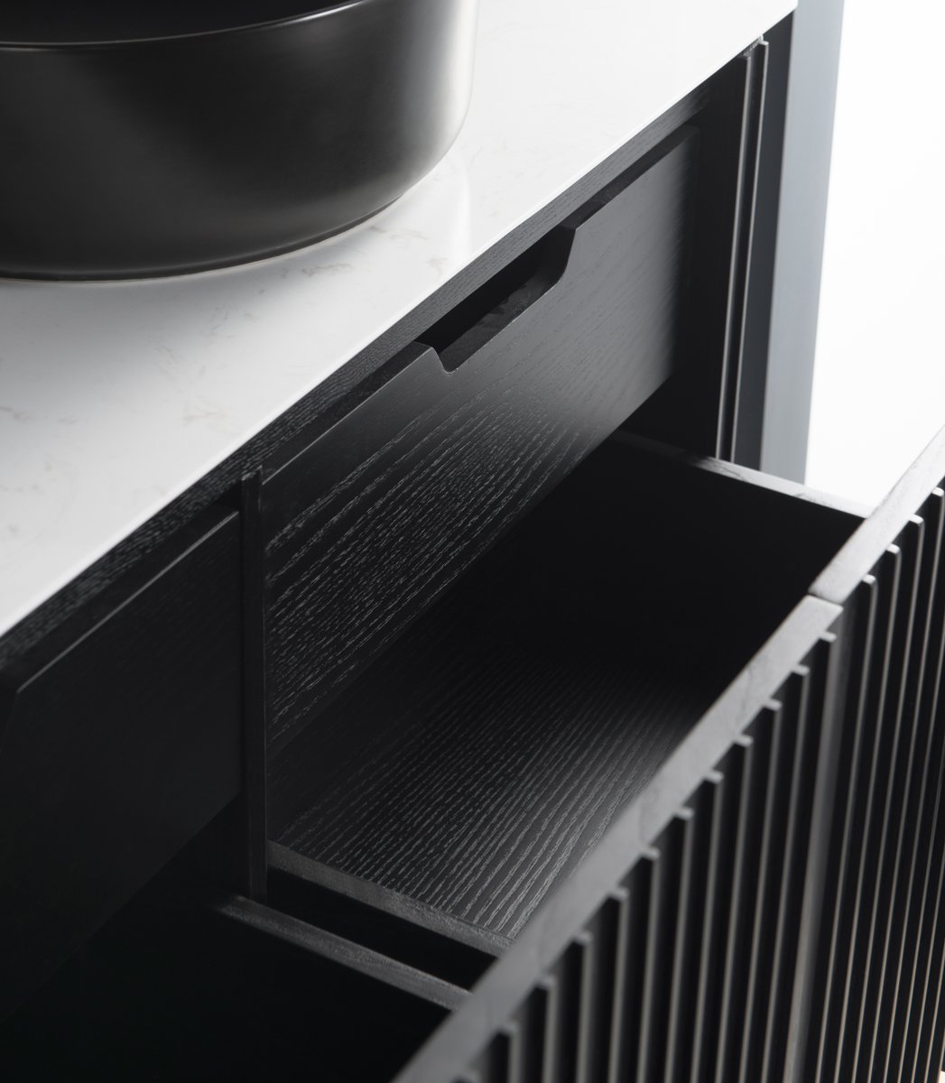 SchotsHome's tweet photo. The Selina range of wall-hung vanities will surely make a statement in any master bathroom or ensuite. 🖤 
​​Not only does this design feature an easy-clean quartz top and oak cabinetry, but it also offers plenty of storage with 2 drawers underneath. 
https://t.co/yPOswyAXdI https://t.co/f5AcrXTgSj