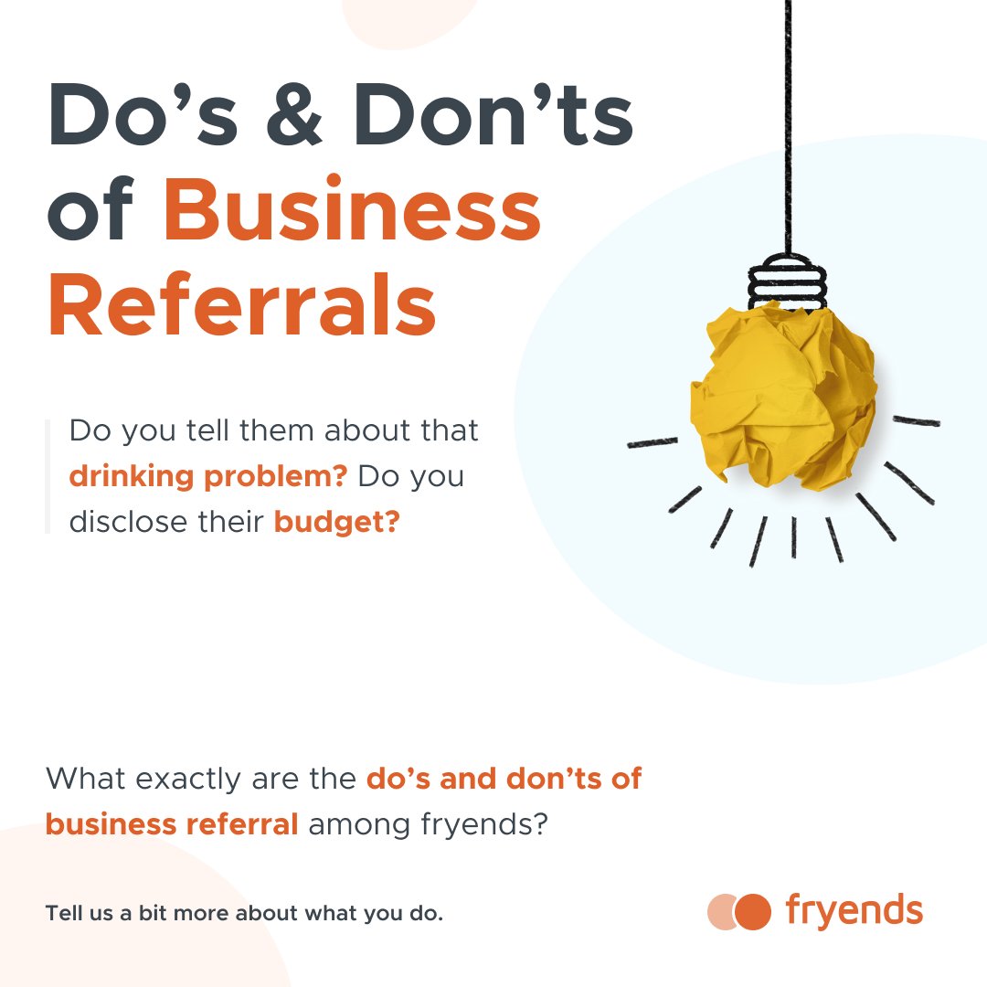 fryendsapp's tweet photo. Do you tell them about that drinking problem, or do you disclose your their budget? What exactly are the dos and donโts of business referral among fryends? Tell us a bit more about what you do.
SignUp link: https://t.co/gki8X9Yd0r
.
.
#freesignup #subscribenewslatter #fryendsapp https://t.co/uMhVy37aPN
