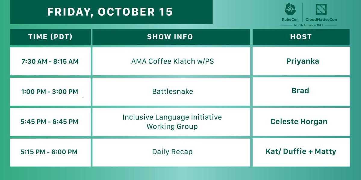 What a week! We're going into the final day of KubeCon.tv with an AMA Coffee Klatch hosted by @pritianka. You also don't want to miss Battlesnake at 1pm PT. And, of course, the Daily Recap at 5:15pm PT is the best way to close out a great week.