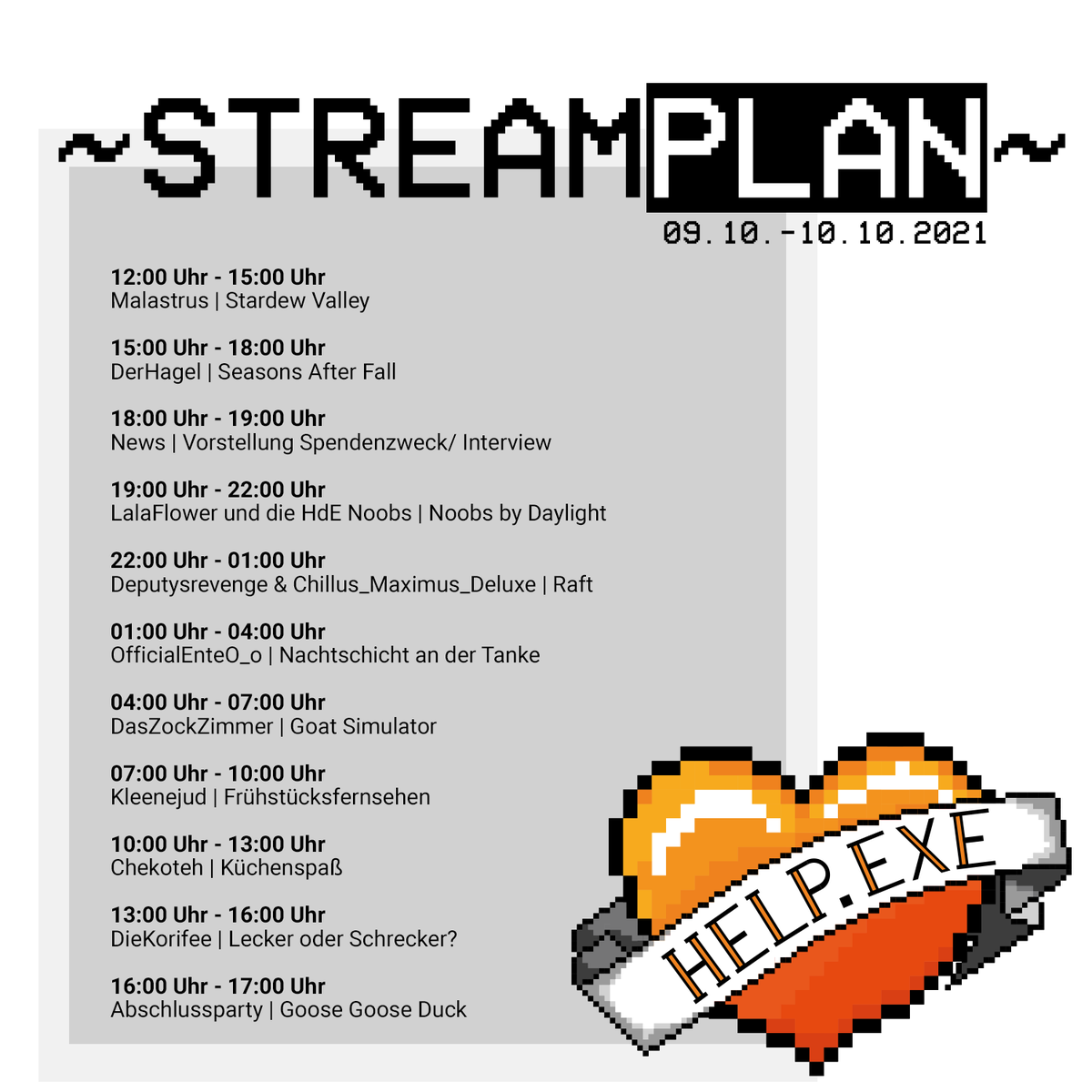 helpdotexe's tweet photo. Da ist er, der Streamplan! @Malastrus freut sich schon darauf euch ab 12 Uhr begrüßen zu dürfen! #helpdotexe #betterplay https://t.co/VI0DSZUTQ1