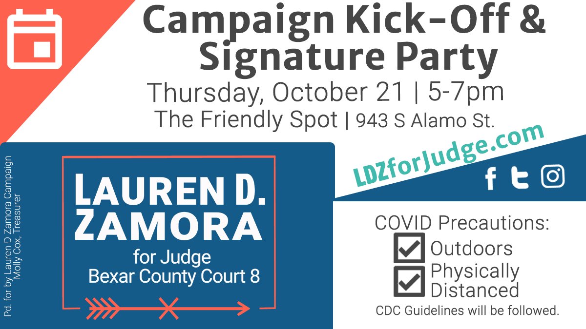 LDZforJudge's tweet photo. The website is up and running. The socials have been launched—find my campaign on FB and Insta (LDZforJudge). The official campaign kick-off is scheduled. I hope to see you at @thefriendlyspot on Thursday, October 21 from 5-7pm. #TeamLDZ #SATX #BexarCounty https://t.co/k5DzLT3POv