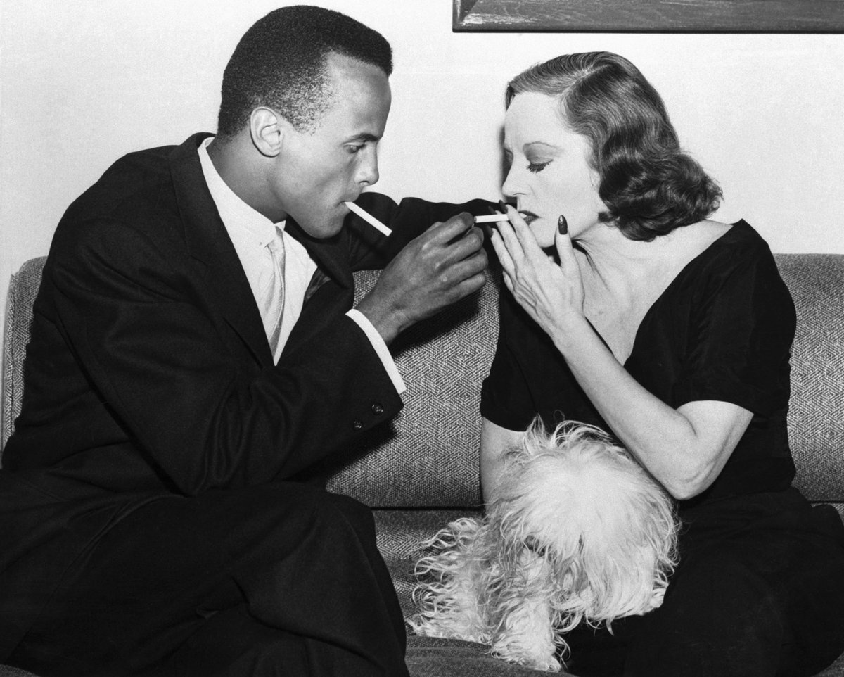 Harry Belafonte lighting a cigarette for Tallulah Bankhead - with her poodl...