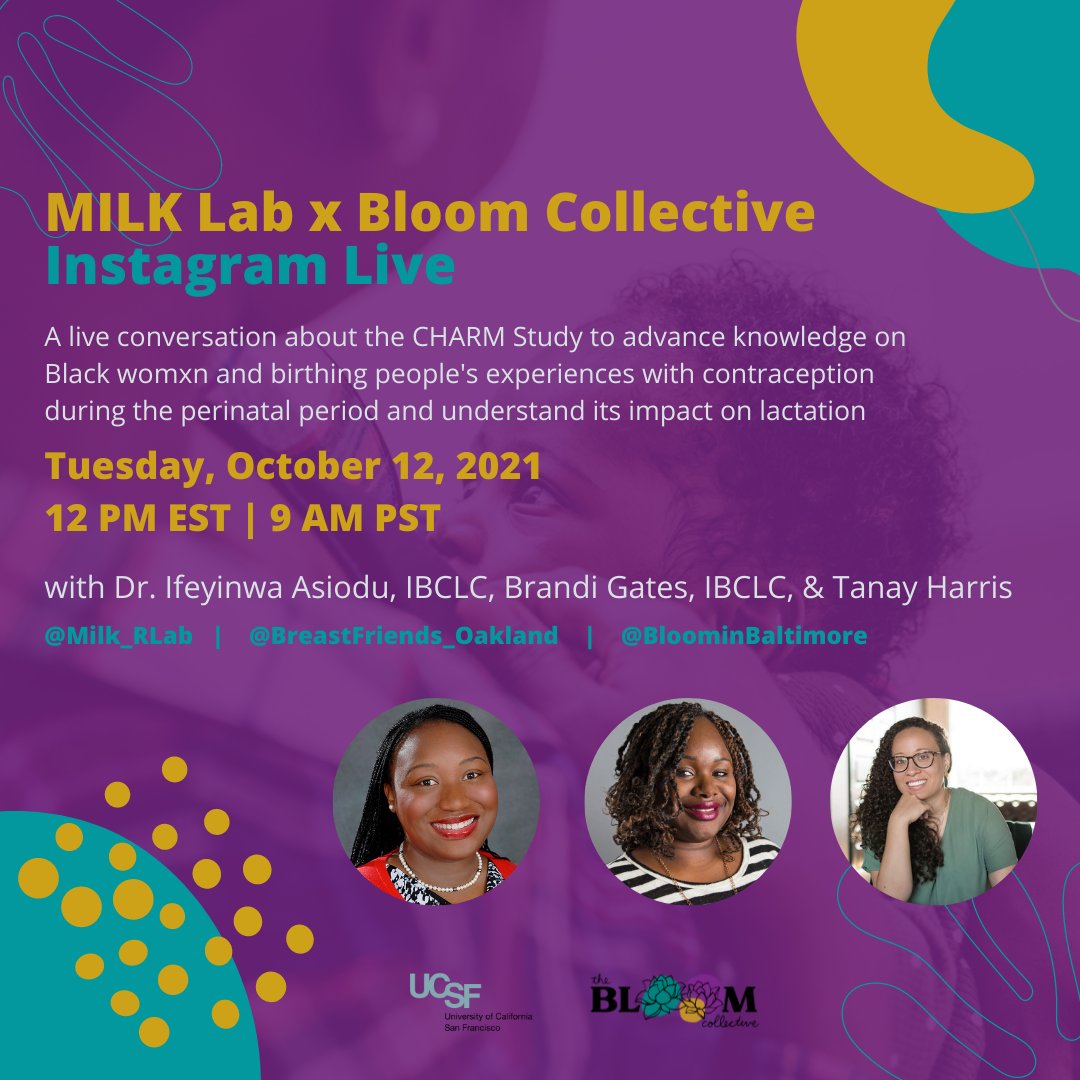 MILKRLab's tweet photo. JOIN US  10/12 - Share your birth control &amp; lactation experiences w/us! Eligible Black women &amp; birthing people will receive a gift card after completing an online survey. Email CHARMStudy@ucsf.edu or text “CHARM” 510-463-1794. #CHARMStudy #Lactation #BirthControl #Contraception https://t.co/5Ys3CRcwcO