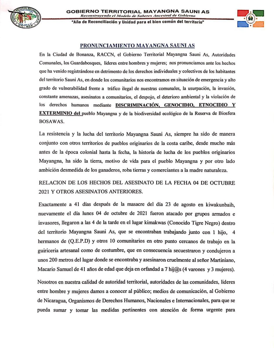 AmaruRuiz's tweet photo. El Gobierno Territorial Mayangna Sauni As rompe el silencio y se pronuncia sobre las masacres.
#SOSMayangna #SOSNicaragua #SOSBosawas https://t.co/6sBQg9hyQG