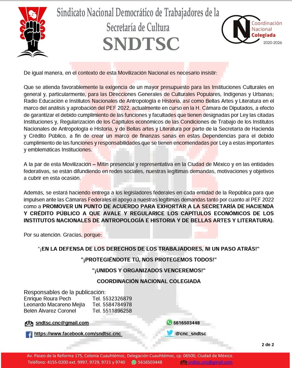 SndtscV's tweet photo. A los medios de comunicación: Boletín de prensa de la Movilización Nacional convocada por la Coordinación Nacional Colegiada del SNDTSC en las oficinas de la Secretaría de Cultura. 08 / octubre / 2021

@cnc_sndtsc 
@SectorINAH https://t.co/edskhRLgOl