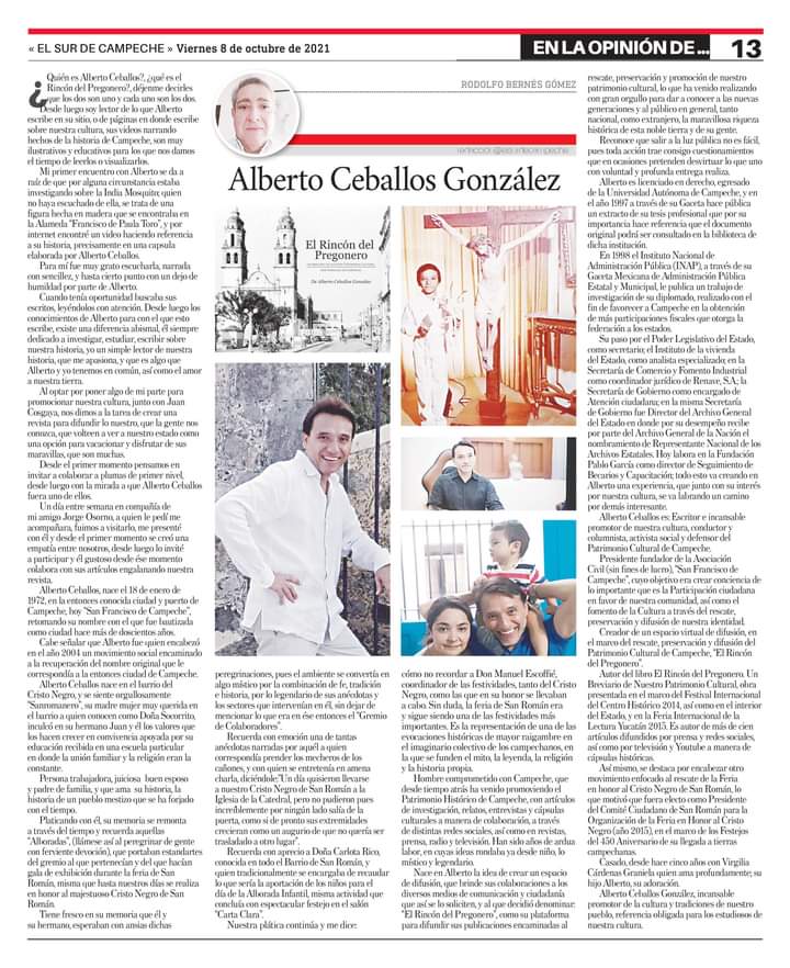 albertceballosg's tweet photo. Agradezco mucho a Rodolfo Bernés Gómez, su gran distinción hecha a mi persona, a través de esta publicación el día de hoy en el periódico @ELSURCAMPECHE. Es un honor servirles. https://t.co/CJlofBDJTj