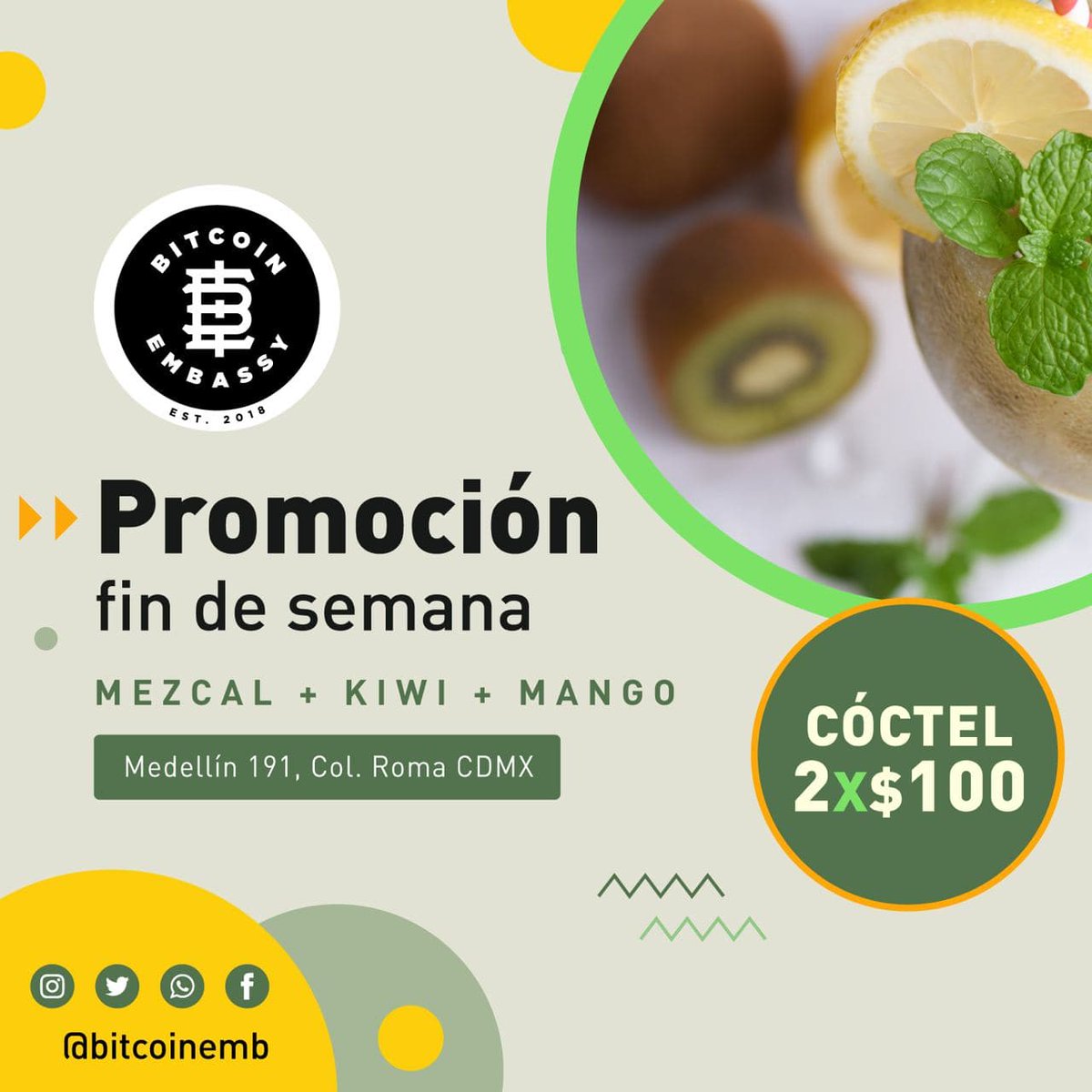 bitcoinemb's tweet photo. Después de una semana acalorada de BullRun en varias de las principales cryptos. Los invitamos al @bitcoinemb a celebrar este fin de semana con un delicioso cóctel de mezcal, mango y kiwi.
#cryptococtel #criptobar #BTC #BitcoinEmbassyBar #bar #coctel #promocion #promo https://t.co/BRBymaYXtf