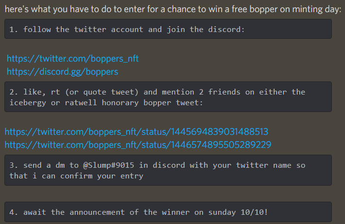 boppers_nft's tweet photo. #giveaway alert🚨

like, rt and mention 2 friends on one of our first two honorary NFT tweets (either icebergy or ratwell) for a chance to win a free Bopper!

instructions in the discord: https://t.co/QqrA9PEMIk https://t.co/LrvV7Bg8n2