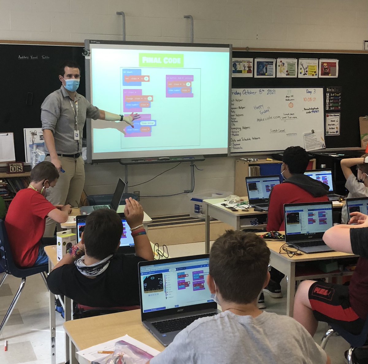 DebPerkins21's tweet photo. You may have heard the cheering this morning when @TVDSB @ParkviewPS_K students learned @dtangred was going to be visiting our classroom to teach us how to use a #microbit to program to a FitBit. 
Thank you, Derek! #learningisfun #codingiscool https://t.co/VxhRk4A771