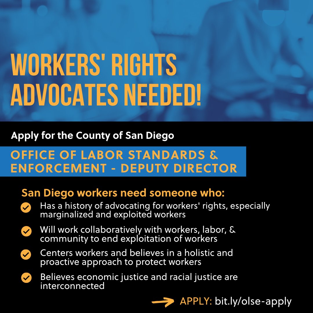 This year we won a County Office of Labor Standards &amp; Enforcement, but this is not enough. We need to ensure the first Deputy Director centers workers, will push for stronger labor standards &amp; is a fierce &amp; proactive defender of workers’ rights. Apply ➡️ bit.ly/olse-apply