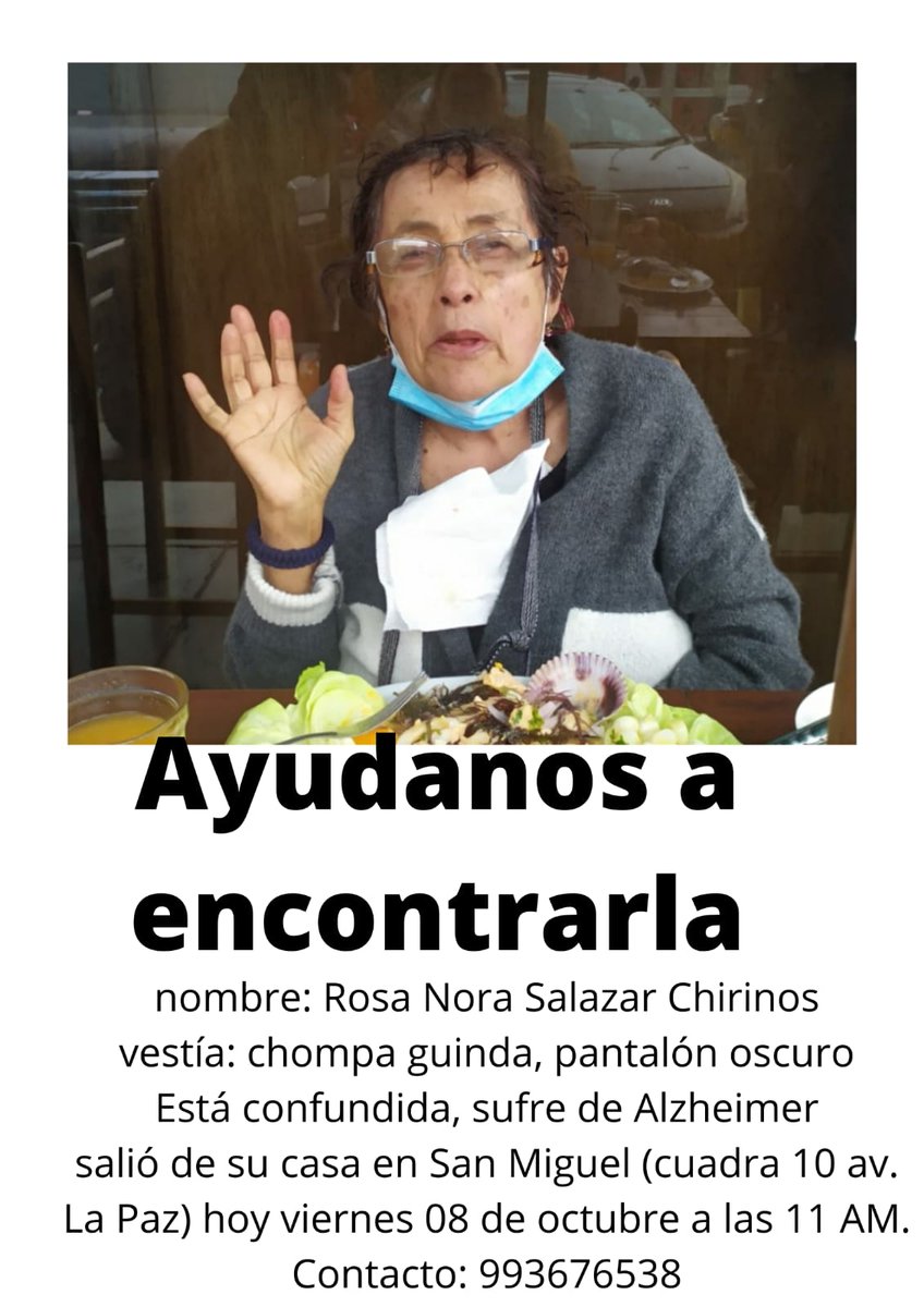 Querida red. Por favor su ayuda. Mi suegra se ha perdido en Lima, San Miguel. Les agradezco profundamente su ayuda RT. <a href="/suselparedes/">Susel Paredes</a> <a href="/Rosario_Sasieta/">Rosario Sasieta</a> <a href="/RicardoMoran/">Ricardo Morán - 👨‍👧‍👦🐕</a> <a href="/piacostar/">Pamela Acosta ☕📰</a>  <a href="/ocram/"> Marco Sifuentes 🪁</a>