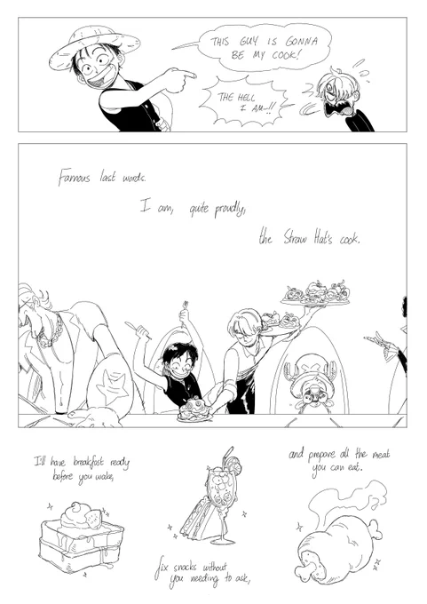 ❤️ Food as a Love Language
(One Piece Comic Thread) 🧵
Sanji and his captain. Only three pages, but I like this one a lot. 