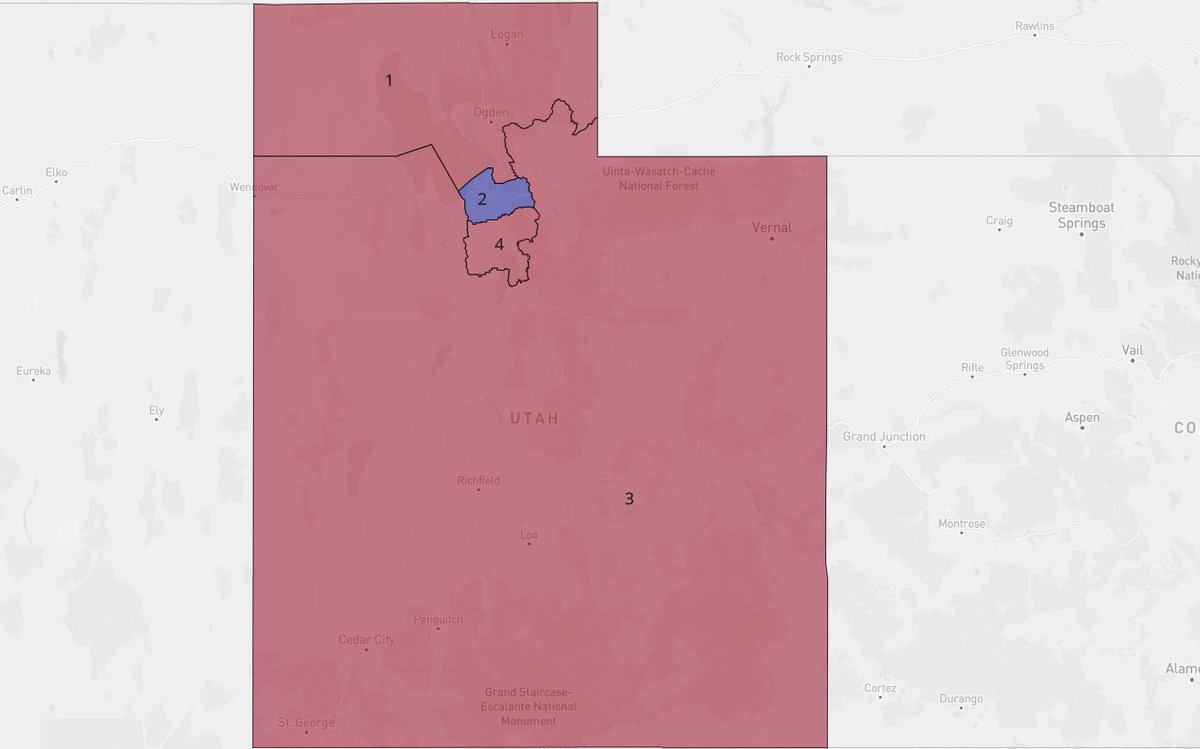 District 4, despite being heavily suburban, remains a Republican stronghold. It voted for Trump by 27. Districts 1 and 3 are both rural districts which voted heavily Trump.

2020 Results: 

UT-1: Trump +29.9
UT-2: Biden +24.3
UT-3: Trump +45.3
UT-4: Trump +26.7