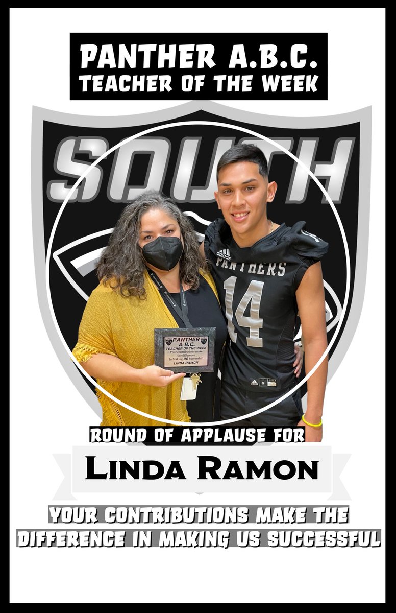 USPanthers's tweet photo. 🚨🐾PantherNation🐾🚨
Congratulations to our Week 6 Panther A.B.C. Teacher of Week! Ms. Linda Ramon! 
Senior Defensive Back #14 Wence Lopez nominated Ms. Ramon. She is an amazing English teacher at our South HS Campus!! https://t.co/QKBNhgWWXC