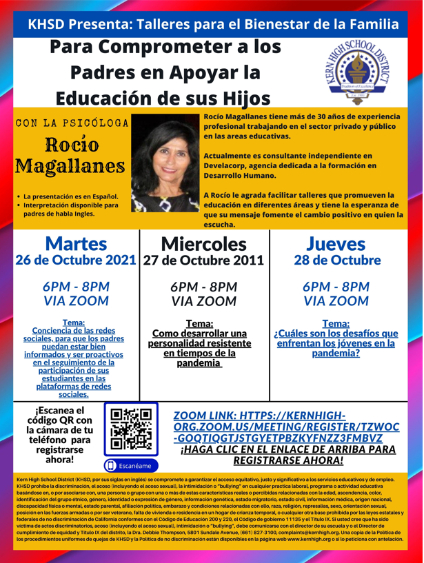 KHSD is honored to welcome back psychologist Rocio Magallanes for a series of virtual Family Wellness Workshops. The workshops will be presented in Spanish and interpretation will be available for English speaking families. Register today here: bit.ly/2YwlbSe