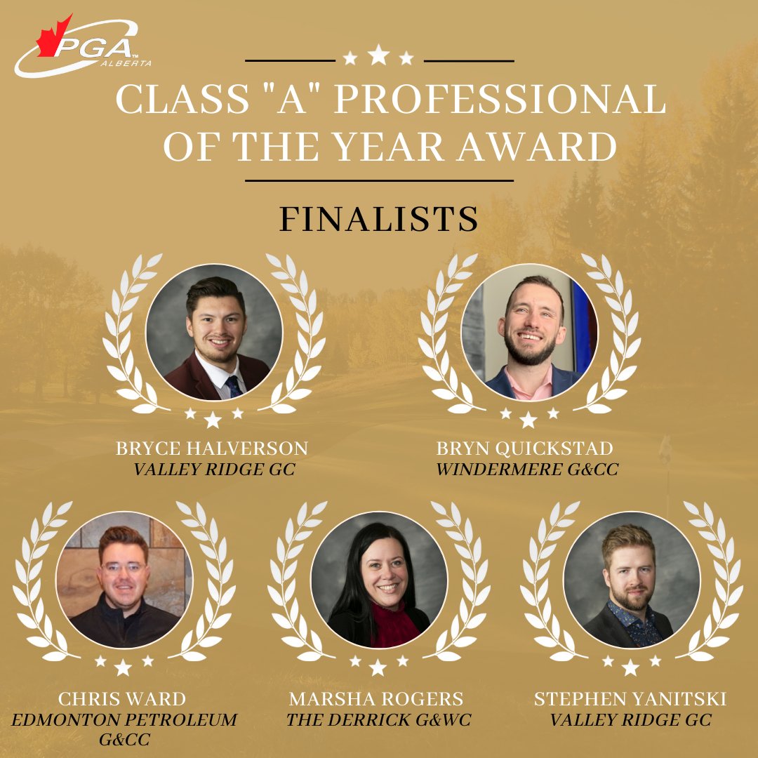 pgaofalberta's tweet photo. Congrats to our 2021 Class "A" Professional of the Year Finalists...

>Bryce H. (@Halverson33) of @ValleyRidgeGolf
>Bryn Q. (@BrynQuickstad) of @WindyGCC
>Chris W. (@wardogolf) of @EPGCC
>Marsha R. (@mrogers76) of @TheDerrickClub
>Stephen Y. (@StephenYanitski) of @ValleyRidgeGolf https://t.co/hdA0Wg5Zga