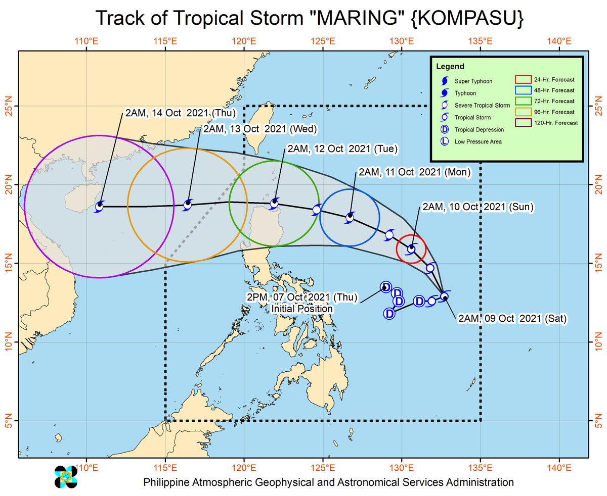 dost_pagasa's tweet photo. TROPICAL CYCLONE BULLETIN NO. 7
Tropical Storm “MaringPH” {KOMPASU}
Issued at 5:AM, 09 October 2021
Valid for broadcast until the next bull. at 11:00 AM today

TROPICAL STORM “MARING” INTENSIFIES FURTHER AND REMAINS A LARGE TROPICAL CYCLONE 

Link: https://t.co/nOU97294Wi https://t.co/ntXuNJVi6S