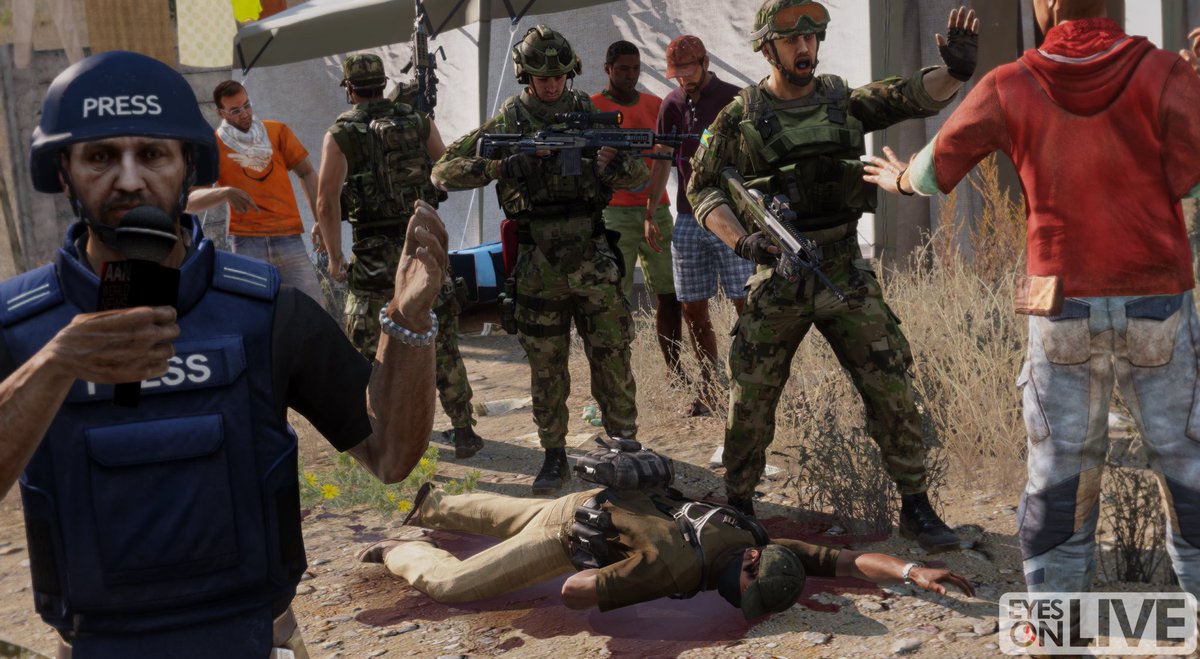 AEW_Mod's tweet photo. Two soldiers from "Jaguar" Recon Squad, watch as their teamleader is detained and taken away by NAA Military Police, after he shot an unarmed militia man who was running into a refugee camp. 
- Pictures recreated from our latest OP on the AEW Discord.
#AEWmod https://t.co/cilHOy3aAN