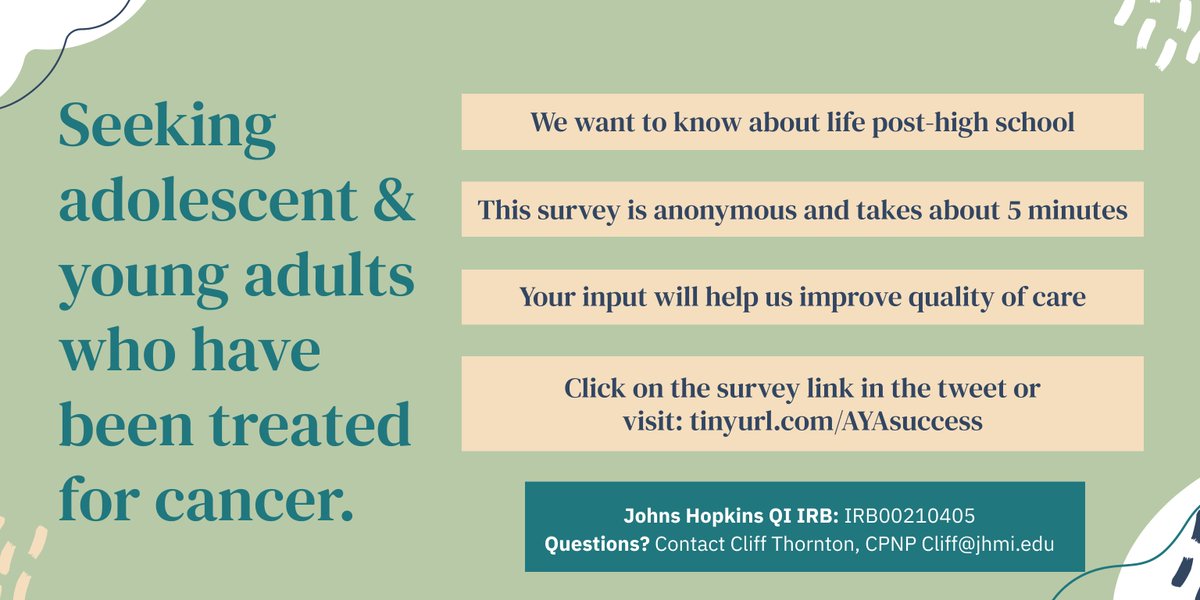 SUCCESSLab3's tweet photo. Seeking adolescents &amp; young adults who have been treated for #cancer to complete a quick, anonymous survey about life post-high school. Your participation will help us improve the quality of care we provide to our #AYAcancer patients! 
Survey link: https://t.co/l8L6xQkUql https://t.co/BiniSg9Ai8