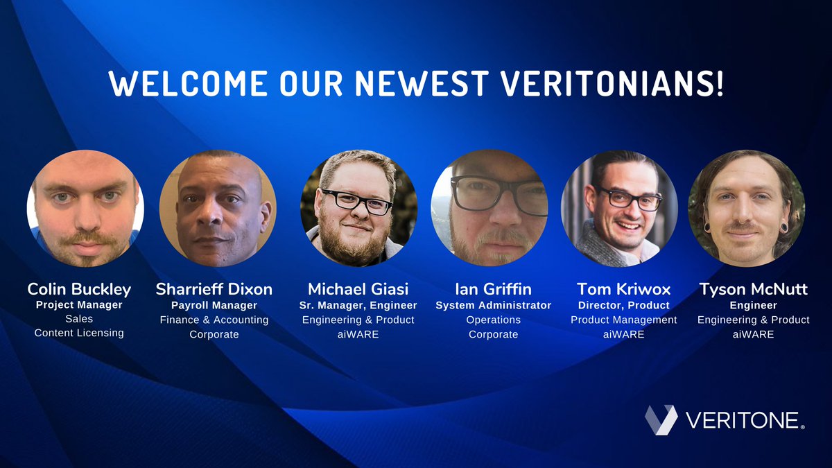 veritoneinc's tweet photo. SIX new hires have joined Veritone this week!

Join us in welcoming Colin, Sharrieff, Michael, Ian, Tom, and Tyson!

#LifeAtVeritone #NewHire https://t.co/pbY8eeZg0E