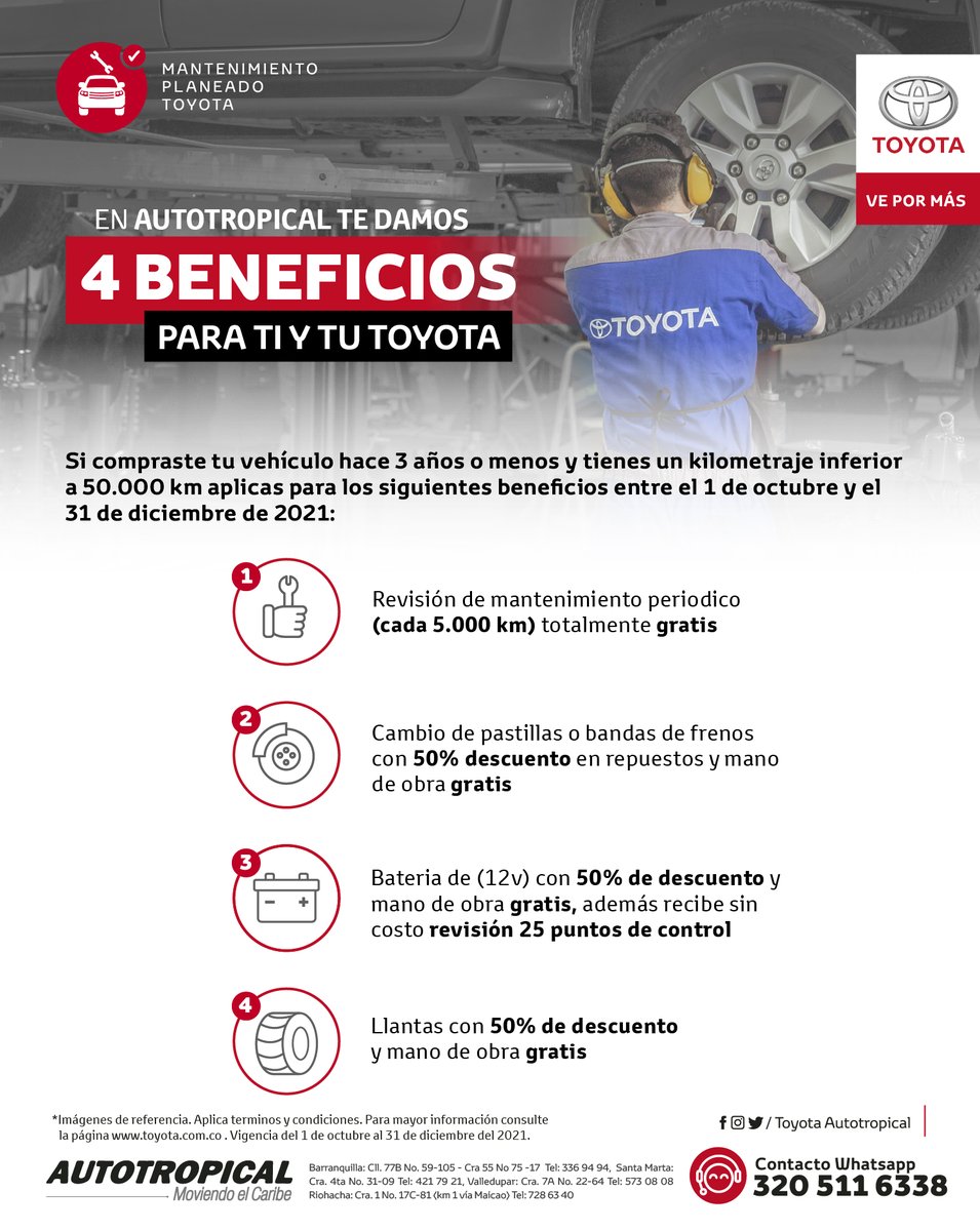 AutotropicalT's tweet photo. Tu vehículo siempre tiene que caer en manos de expertos, por eso #ToyotaAutotropical dispone de los mejores técnicos para tus mantenimientos.

¡Visítanos y aprovecha estos beneficios que Autotropical tiene para ti!

*Aplica desde el 1 de octubre hasta el 31 de Dic de 2021* https://t.co/N6JGze8XZB