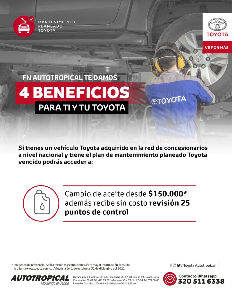 AutotropicalT's tweet photo. Tu vehículo siempre tiene que caer en manos de expertos, por eso #ToyotaAutotropical dispone de los mejores técnicos para tus mantenimientos.

¡Visítanos y aprovecha estos beneficios que Autotropical tiene para ti!

*Aplica desde el 1 de octubre hasta el 31 de Dic de 2021* https://t.co/N6JGze8XZB