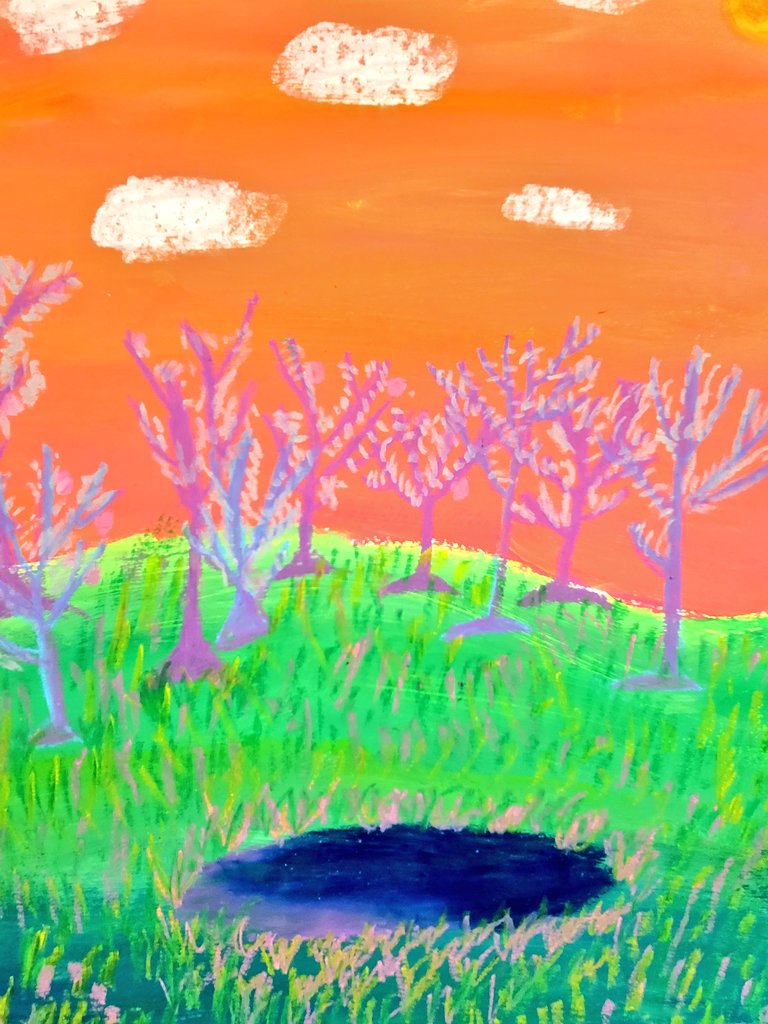 JuliaGoggi's tweet photo. Landscapes inspired by the vibrant artwork of Wolf Kahn. Background in various tempera blends. Foreground layered in oil pastel. #academicchoice #materialexploration @WPSSicomac https://t.co/FnMmzOAbvd