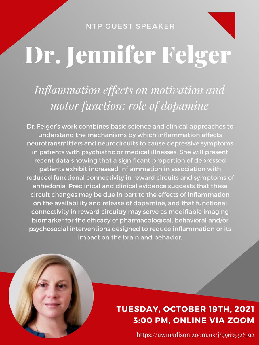 Please join us for NTP Guest Speaker Dr. Jennifer Felger!
Tuesday, October 19th from 3-4 pm. Find more information on the brochure below!
The event will be hosted online via Zoom at the following link: uwmadison.zoom.us/j/99635326192