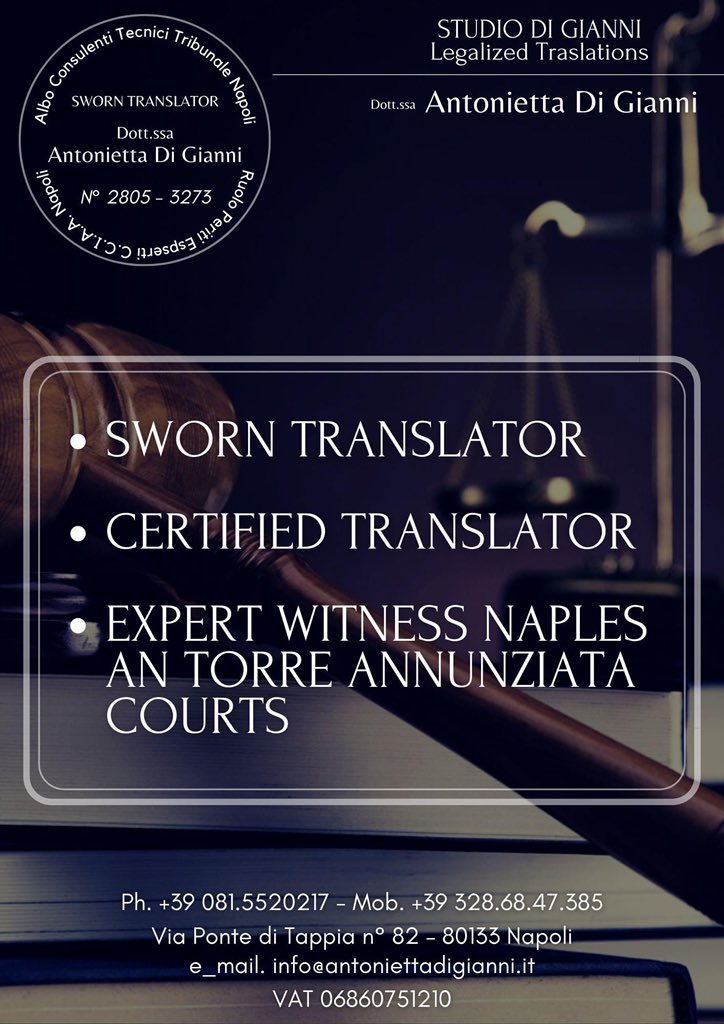 AntoTranslates's tweet photo. Sᴛᴜᴅɪᴏ Dɪ Gɪᴀɴɴɪ - LEGALIZED TRASLATIONS
--- contacts ---
📞 Tel. 081.5520217 - Mob. 328.68.47.385
📍 Via Ponte di Tappia n° 82 – 80133 Naples
📧 e_mail. info@antoniettadigianni.it
🖋 VAT 06860751210 https://t.co/hej5WwIL67