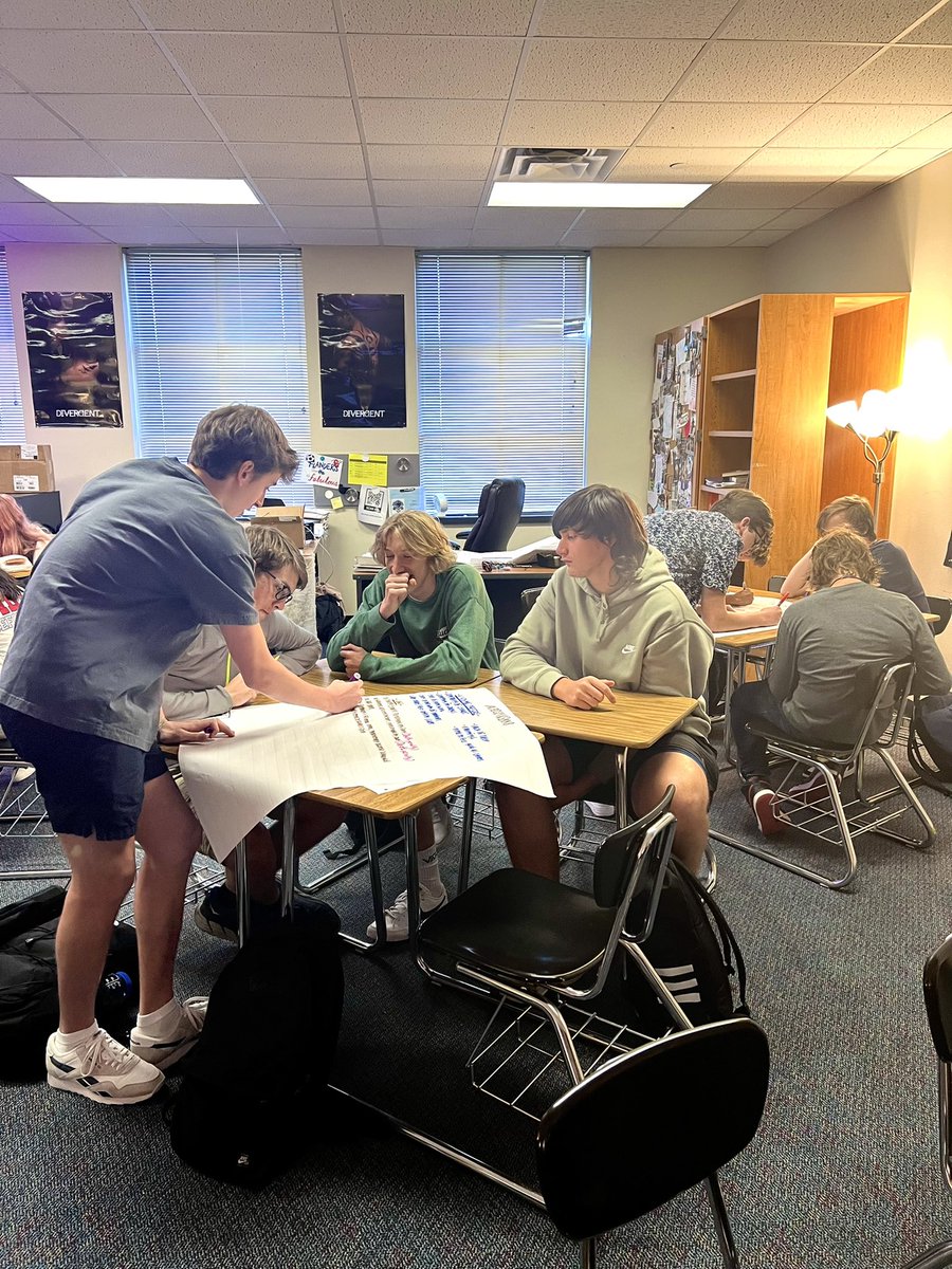 FlandersTC's tweet photo. My students created their own societies today- a society that would eliminate a major issue they face and struggle with daily. Then- they had to analyze & problem solve how the laws of their peers’ societies could have negative side effects. #Anthem @BroncoTweet #makeitrelatable https://t.co/TThw2hTqiV