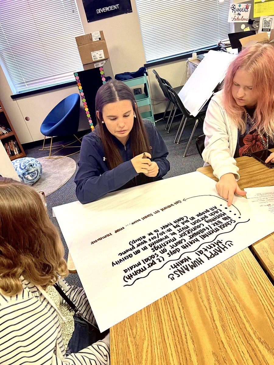FlandersTC's tweet photo. My students created their own societies today- a society that would eliminate a major issue they face and struggle with daily. Then- they had to analyze & problem solve how the laws of their peers’ societies could have negative side effects. #Anthem @BroncoTweet #makeitrelatable https://t.co/TThw2hTqiV